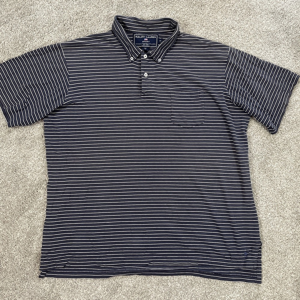 Vintage Ralph Lauren Sport Polo Shirt XL Navy White Stripe Single Stitch 90s Y2K